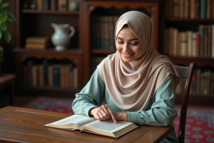Femme en hijab lisant le Quran dans un intérieur paisible