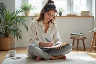Femme trentenaire écrivant dans un journal personnel posée sur un parquet en bois clair, dans un salon minimaliste et apaisant
