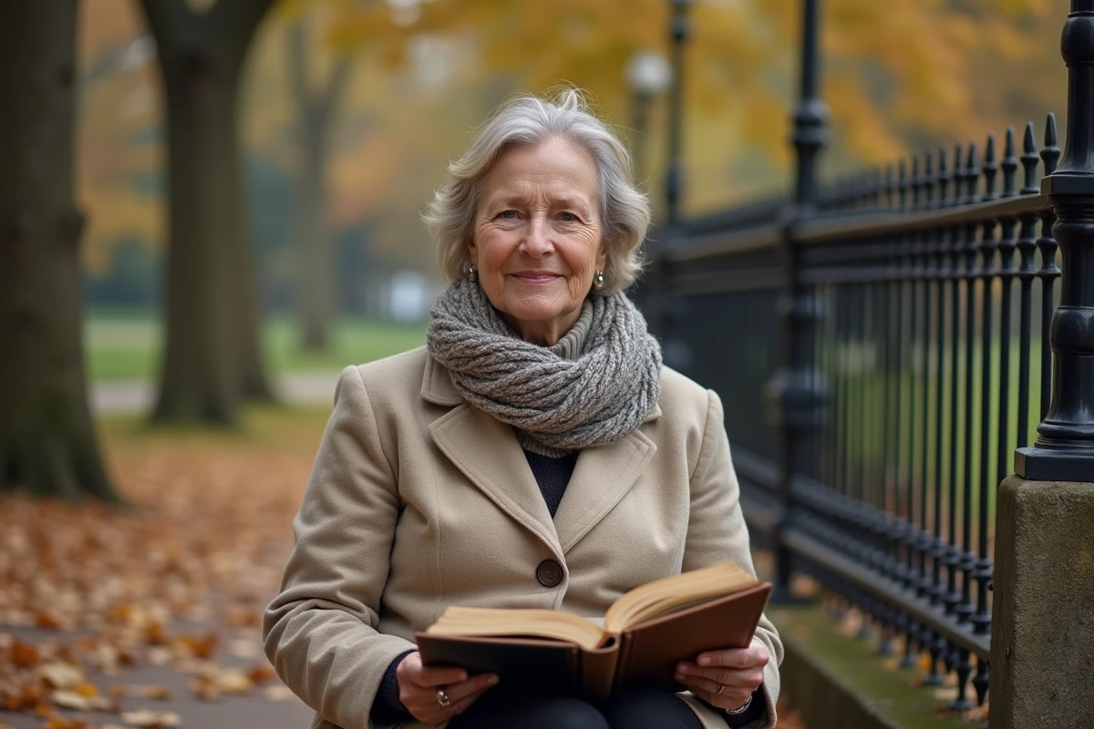 Femme contemplant un livre de généalogie dans un parc en automne