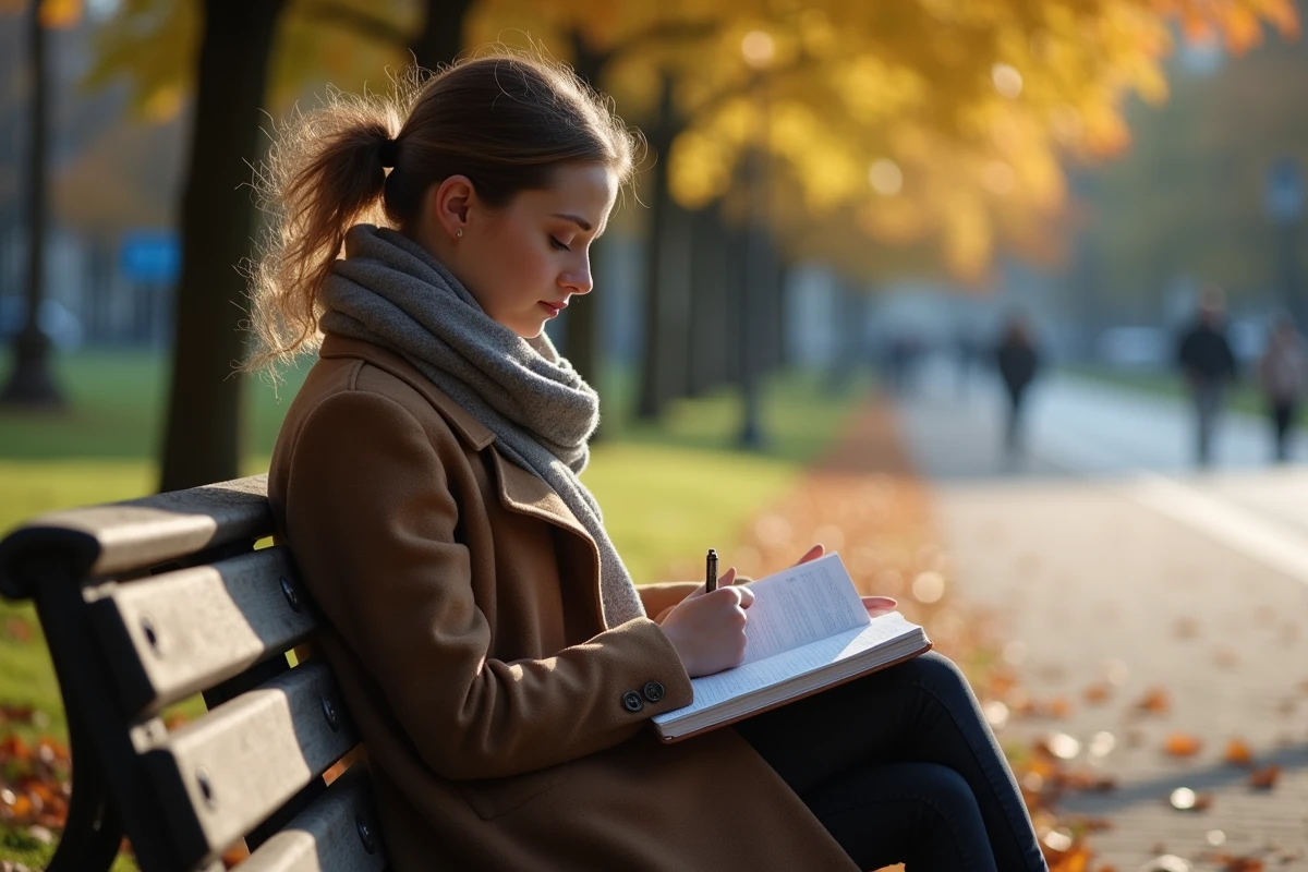 Jeune femme lisant une lettre sur un banc en automne