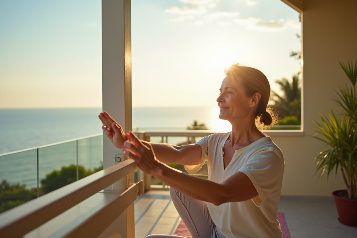Femme pratiquant des étirements relaxants sur un balcon face à la mer