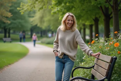 Femme souriante dans un parc urbain en jeans et pull