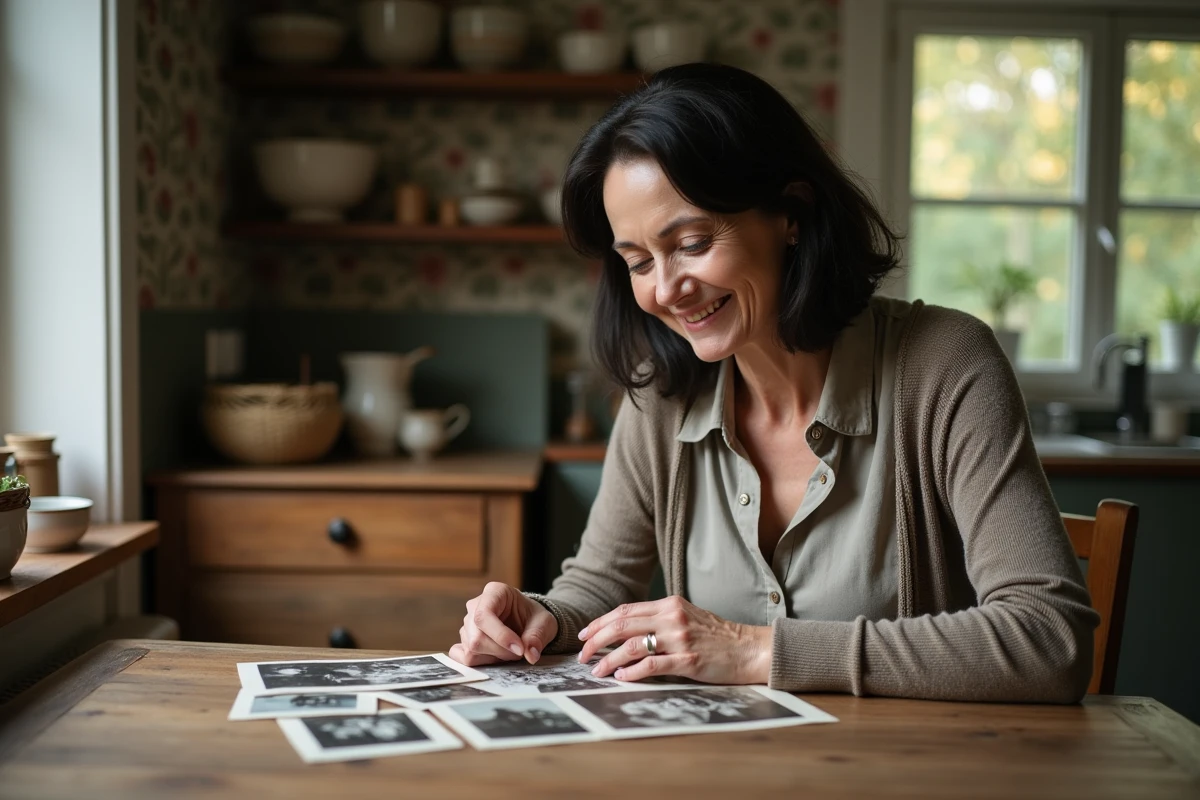 Femme &acirc;g&eacute;e regardant des photos de famille dans la cuisine