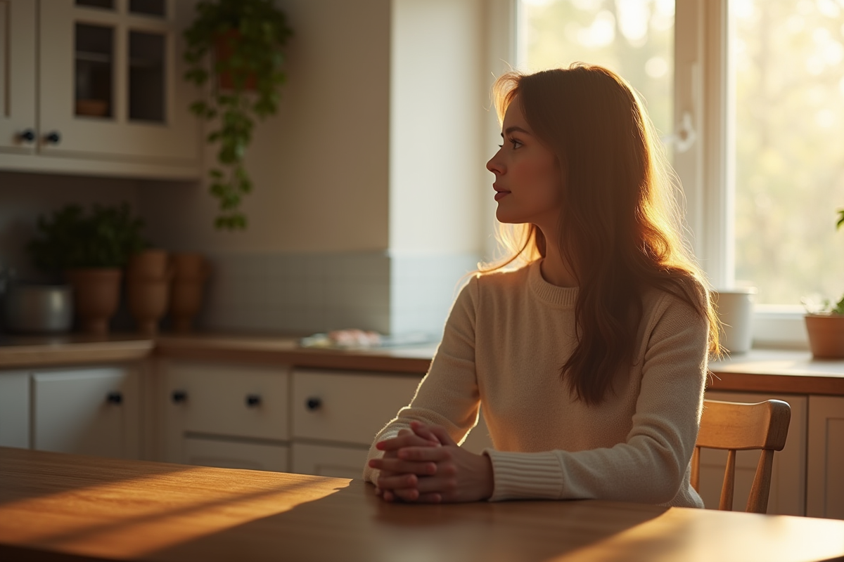 Jeune femme assise à la cuisine regardant par la fenêtre