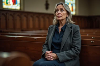 Femme assise sur un banc d'&eacute;glise avec expression douce et empathique