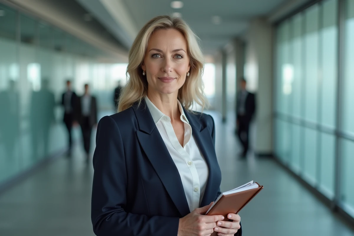 Portrait professionnel d'une femme syndicaliste en blazer marine dans un couloir institutionnel moderne, symbolisant l'équilibre entre carrière et convictions