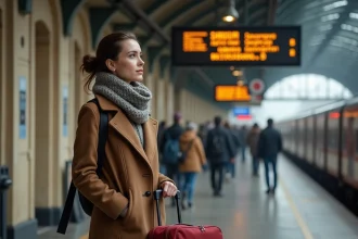 Jeune femme à la gare française avec valise en attente
