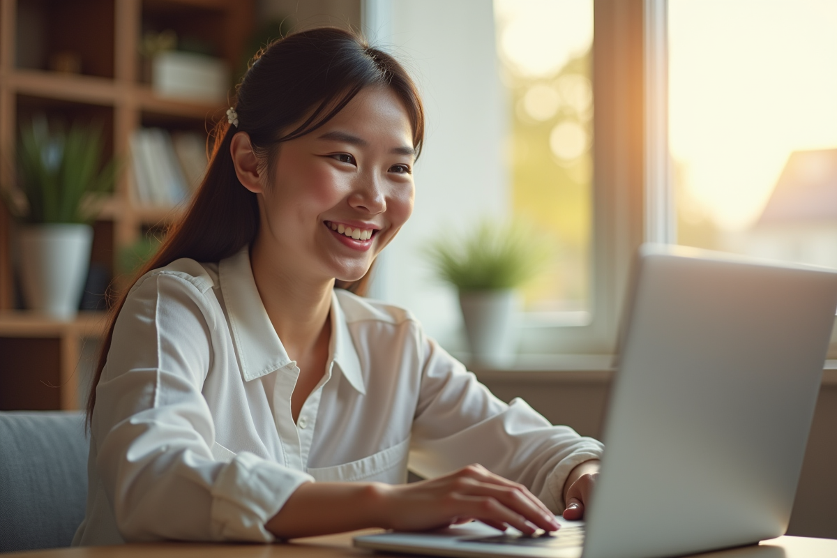 Jeune femme souriante en visioconference dans un salon lumineux