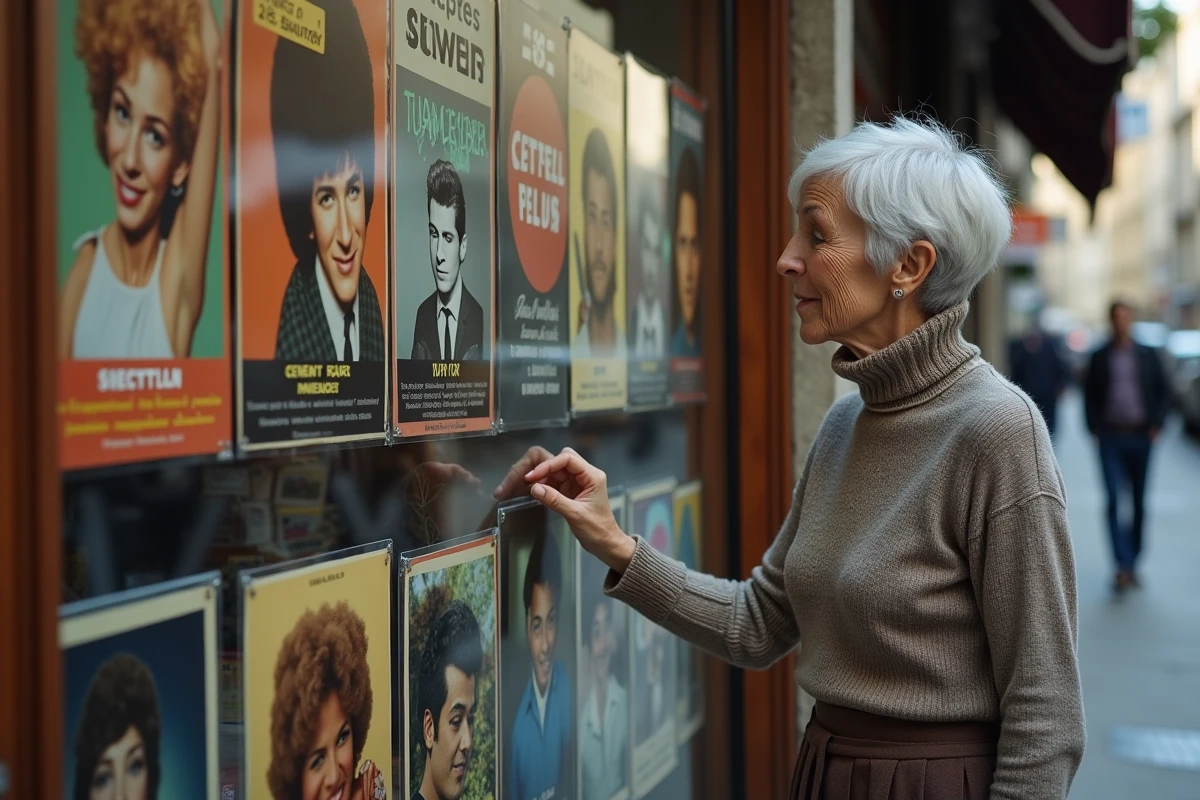 Femme âgée devant une vitrine de disquaire vintage