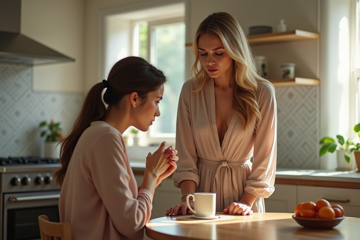 Deux femmes discutant à table avec émotions contrastées