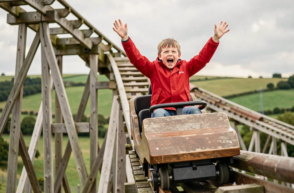 Enfant souriant sur un grand huit en bois au parc Festyland en Normandie