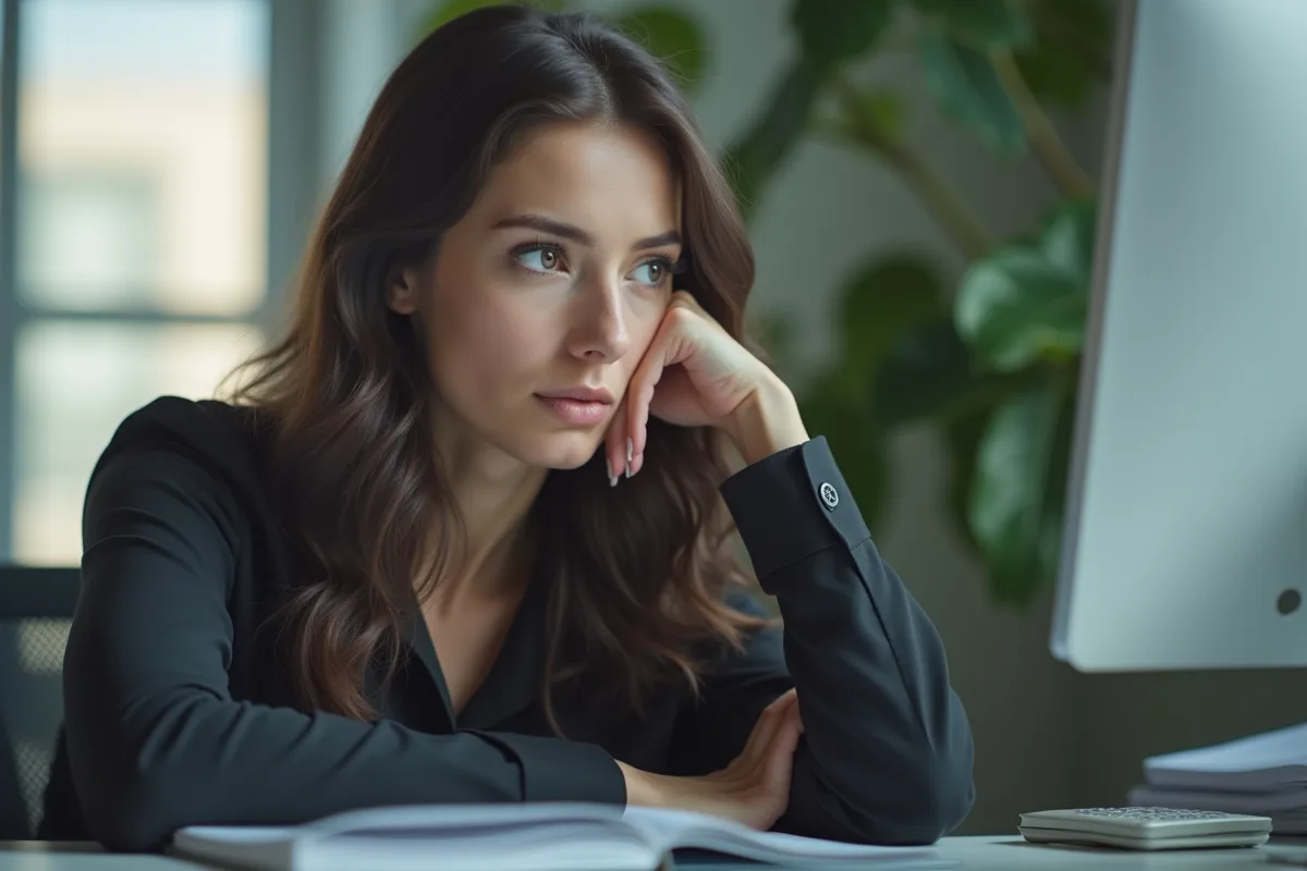Jeune femme au bureau avec regard distant et expression de boredom