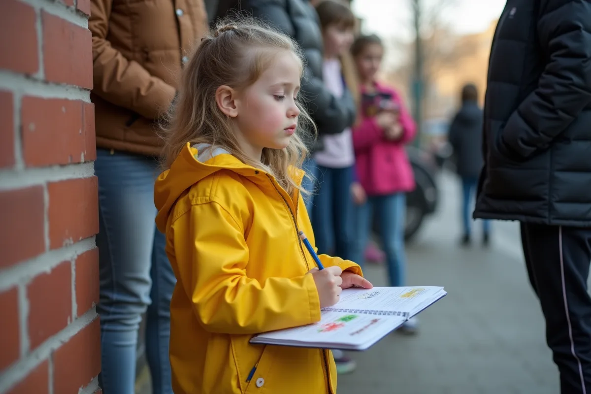 Fille de 7 ans dessinant avec des crayons en extérieur