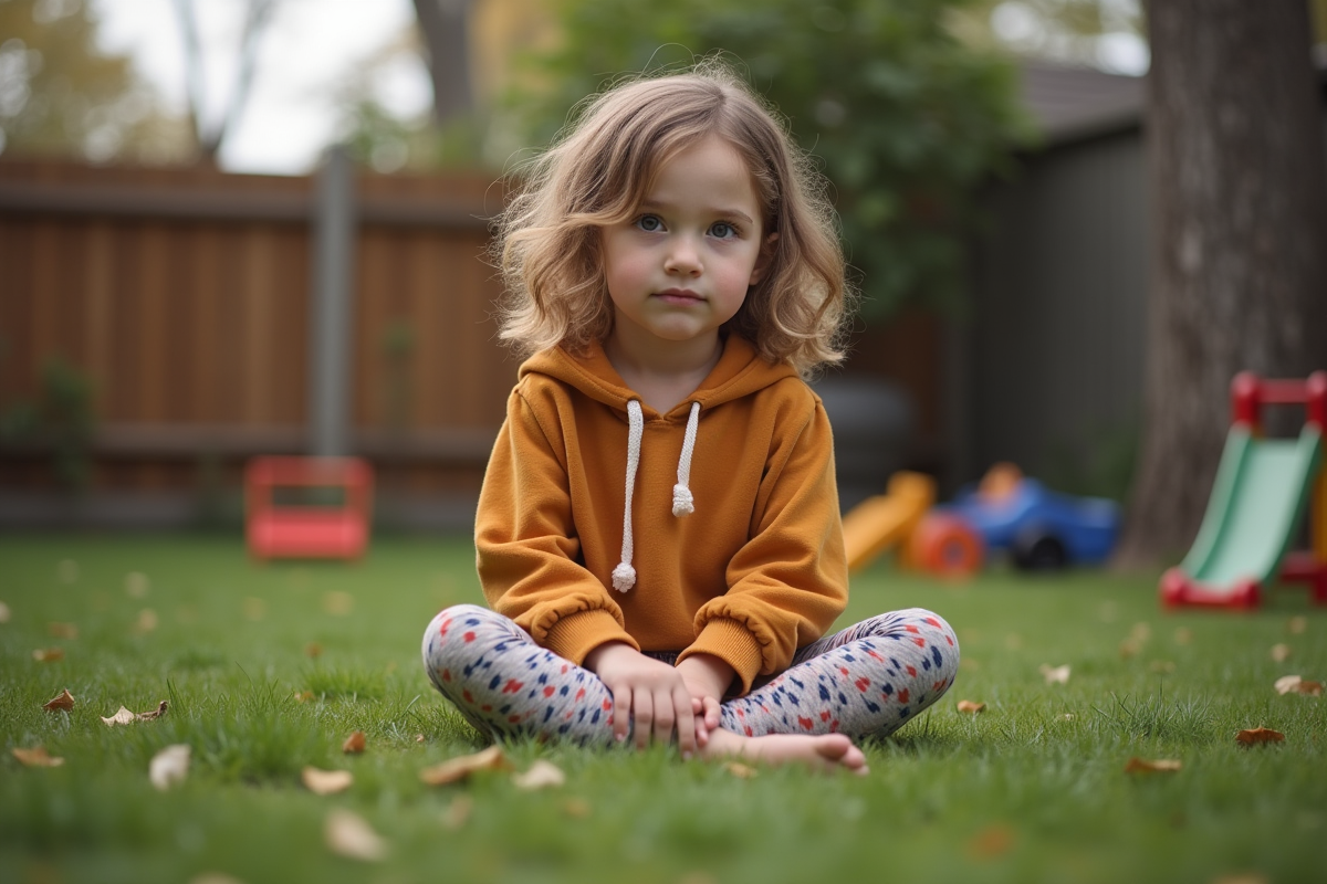Fille de 6 ans assise dans un jardin familial