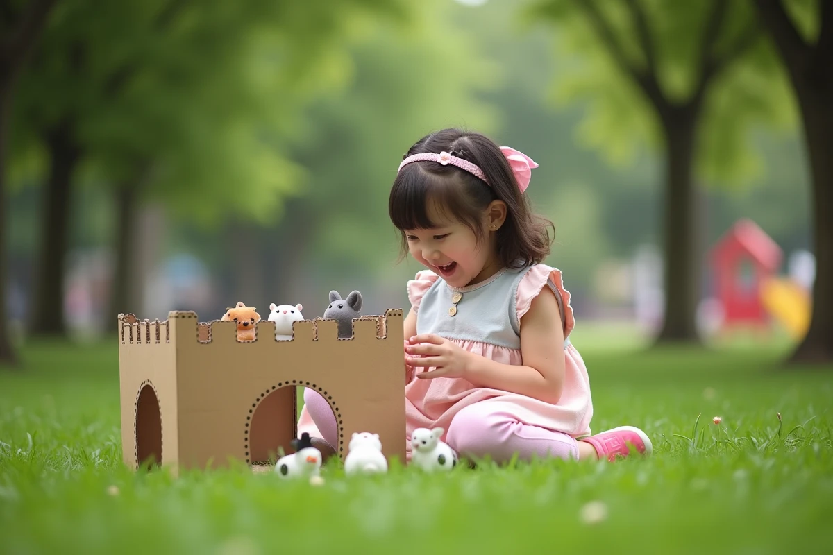 Fille de trois ans joue avec figurines dans un château en carton