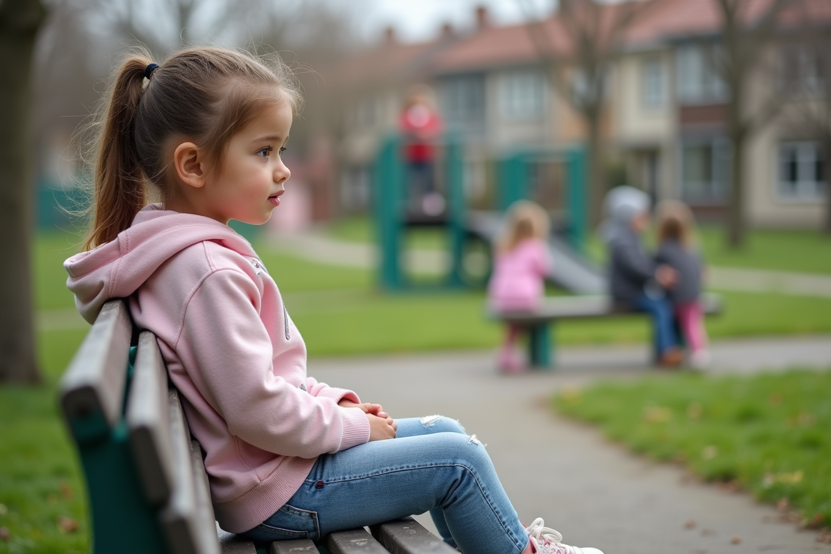 Fille assise sur un banc de parc regardant de côté