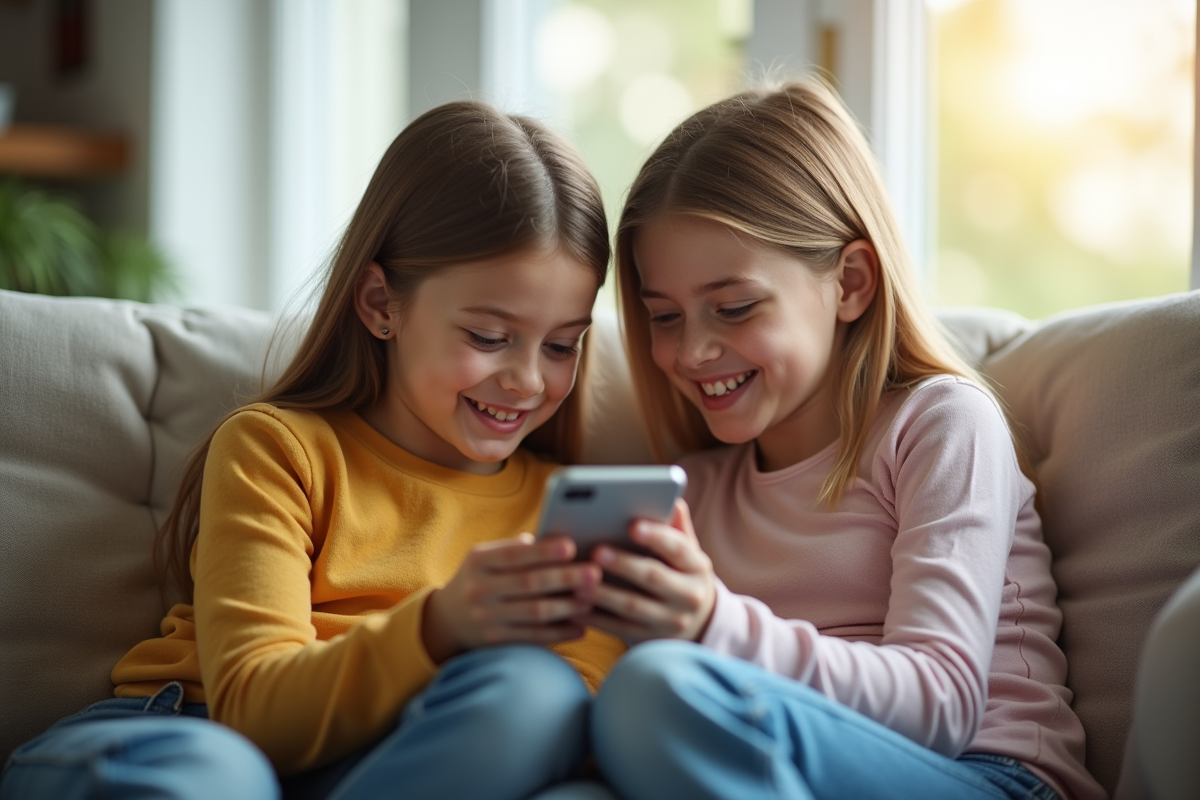 Fille et mère regardant un smartphone dans le salon