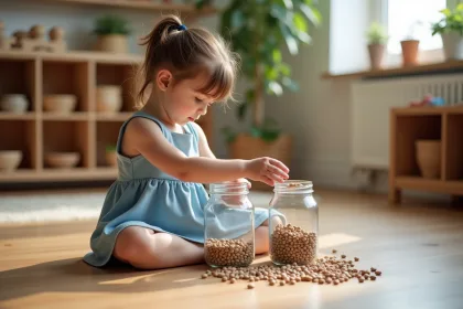 Jeune fille de 5 ans versant des graines dans une classe Montessori