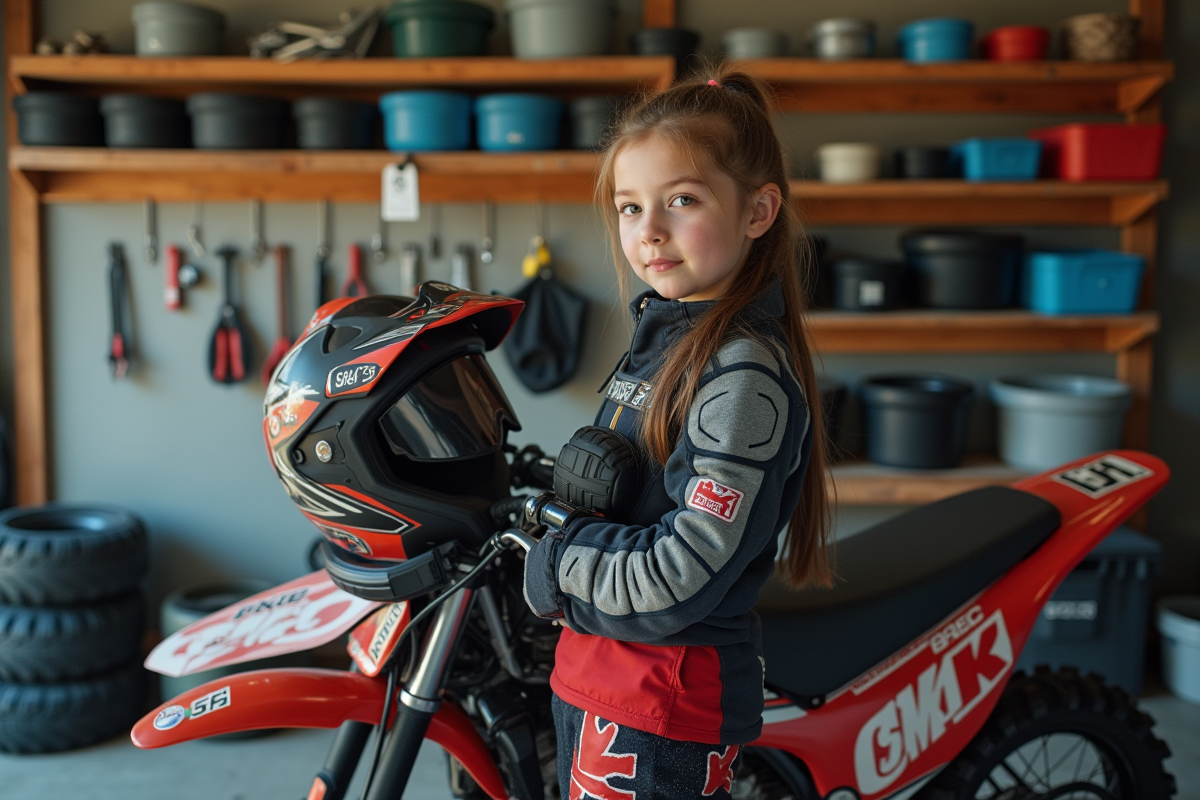 Fille de 14 ans dans un garage avec sa moto et équipement