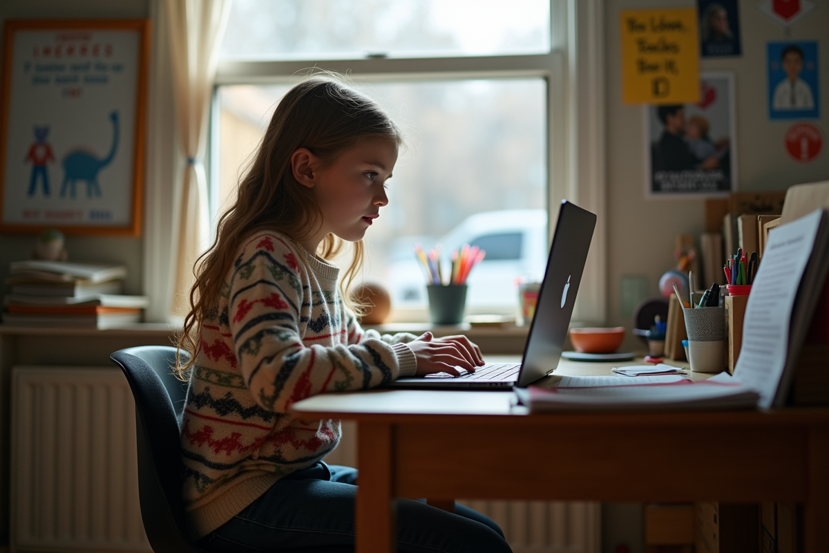 Jeune fille de 11 ans travaillant sur un ordinateur dans sa chambre