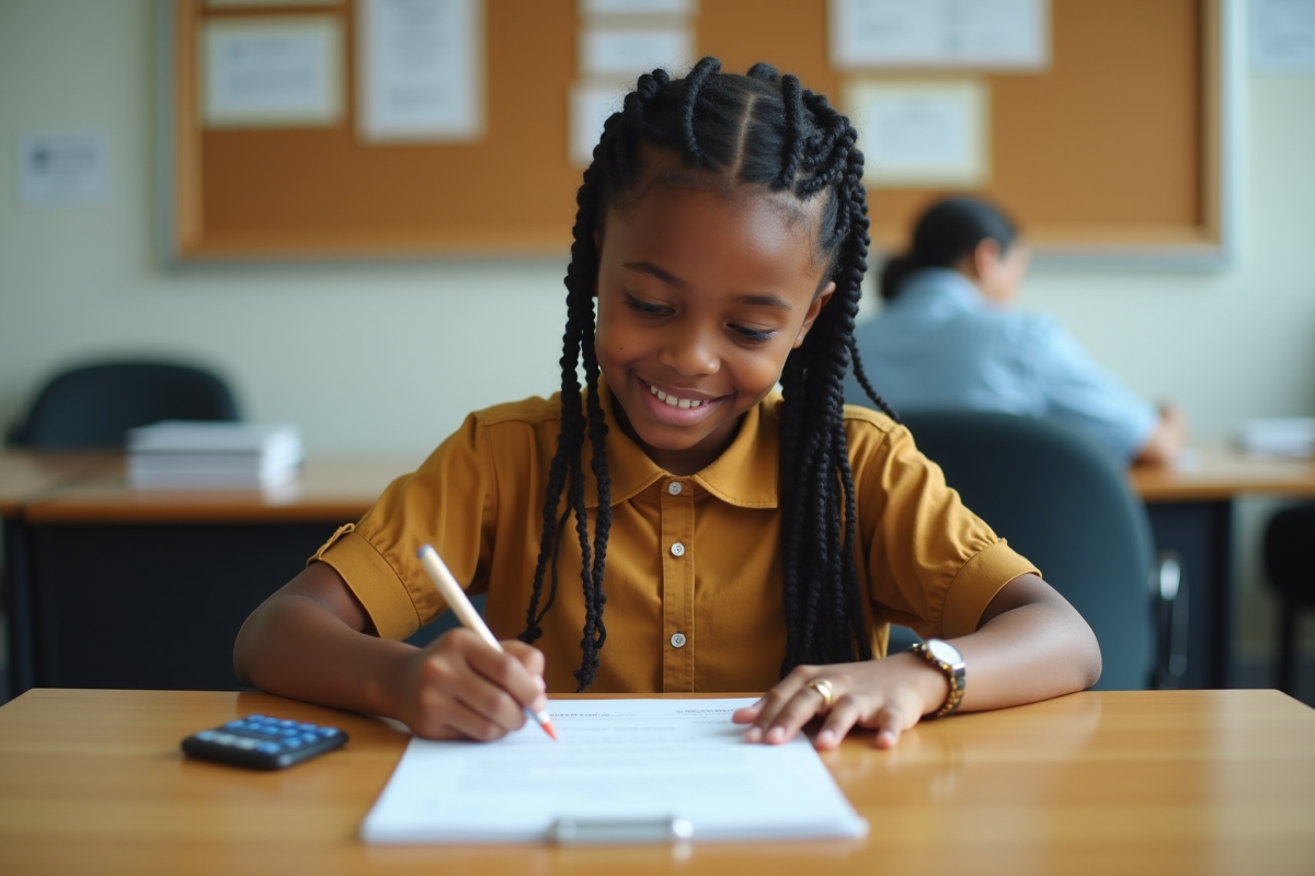 Fille de 14 ans remplissant un formulaire dans un bureau