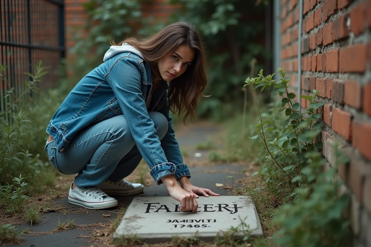 Jeune femme touchant une pierre gravée dans un jardin abandonné
