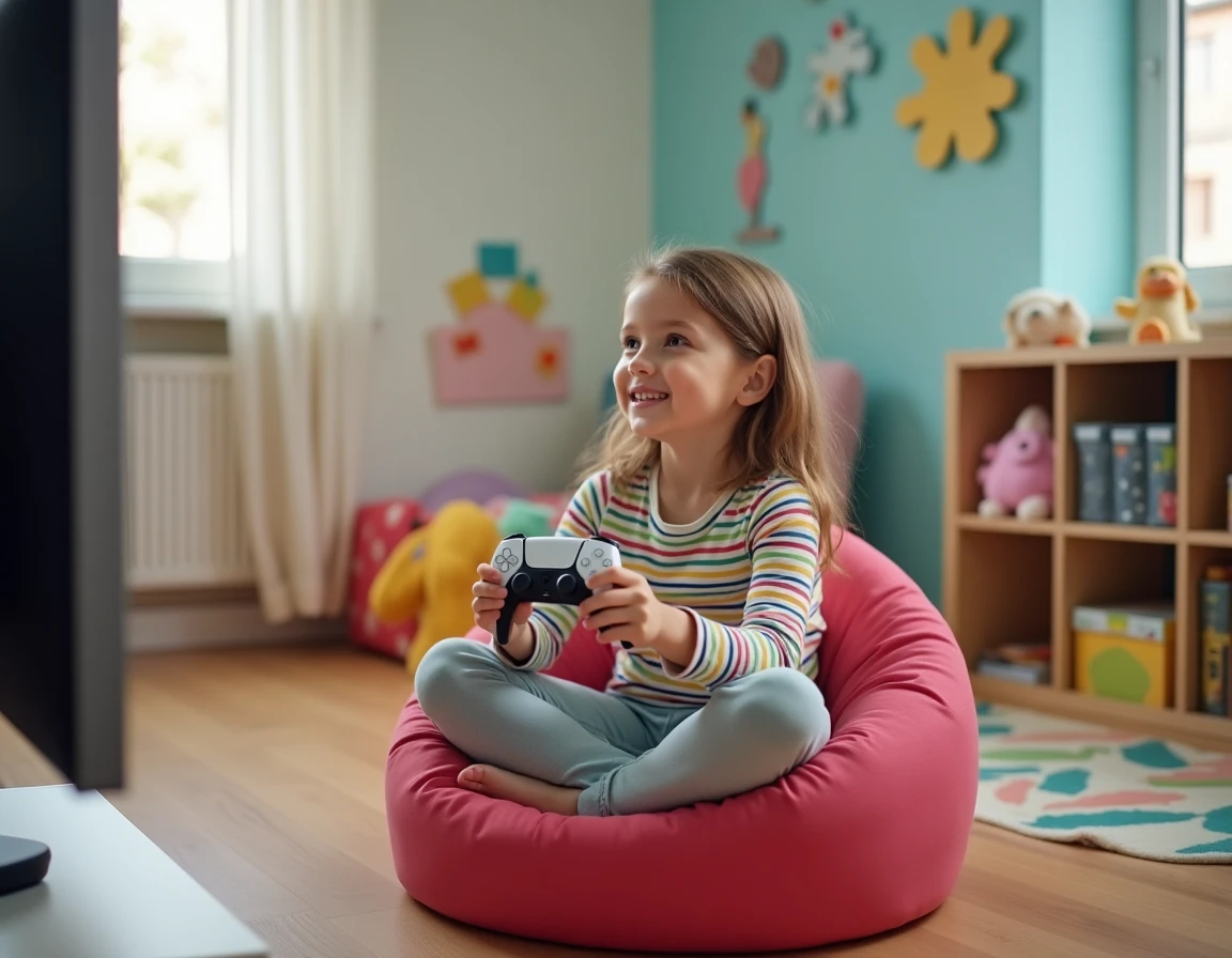 Fillette détendue jouant à la PS5 dans une salle de jeux colorée avec manette DualSense