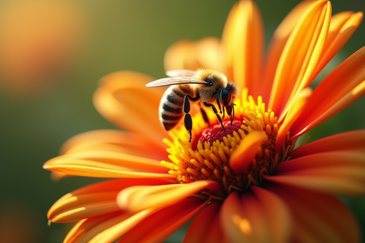 Fleur colorée avec une abeille collectant le pollen