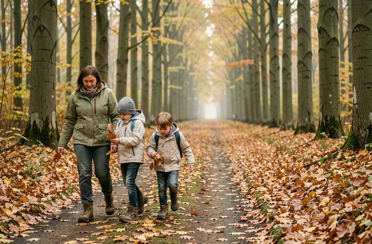Une mère et ses enfants en balade dans les sentiers de la Forêt de Compiègne en automne