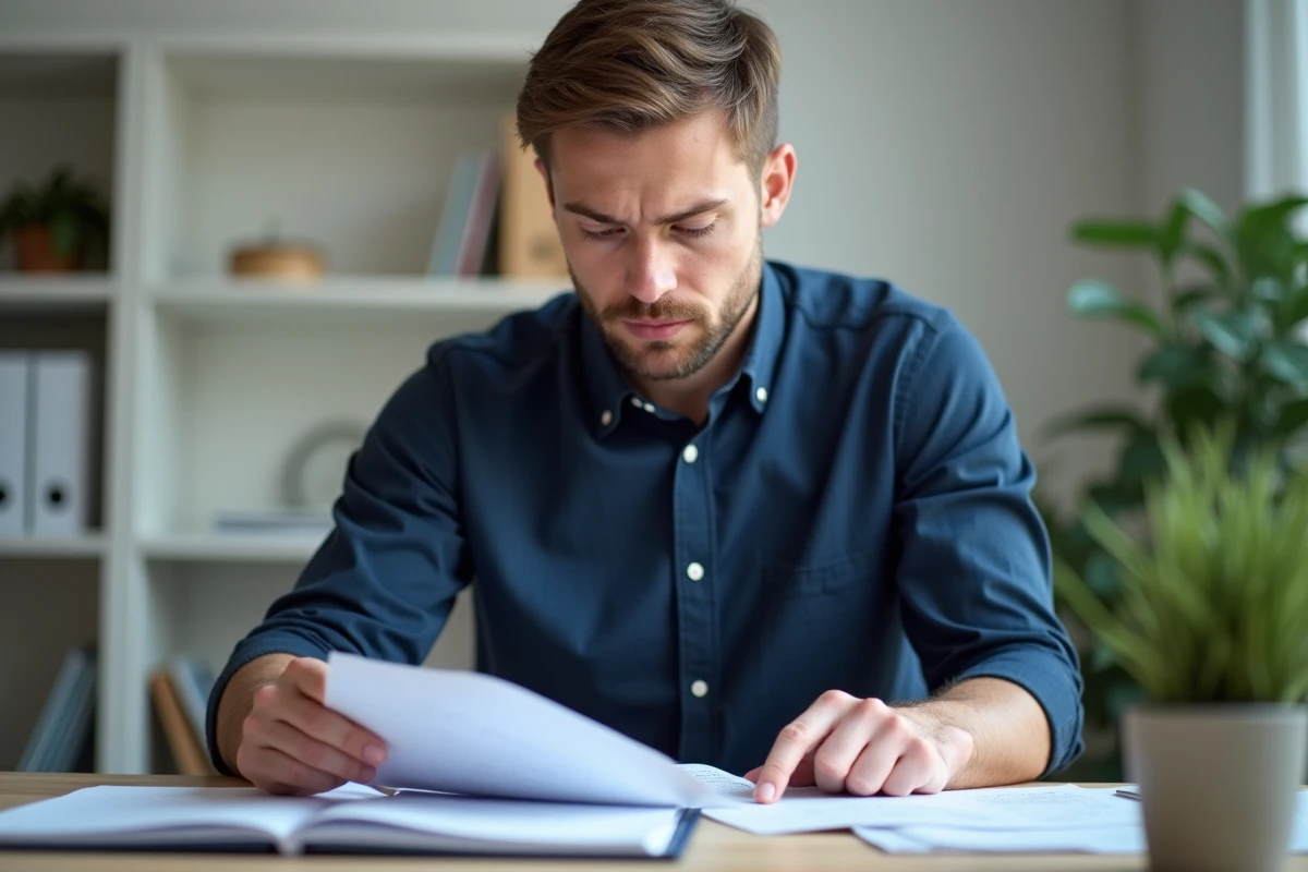 Homme lisant attentivement un formulaire d'attestation d'hébergement dans un bureau à domicile