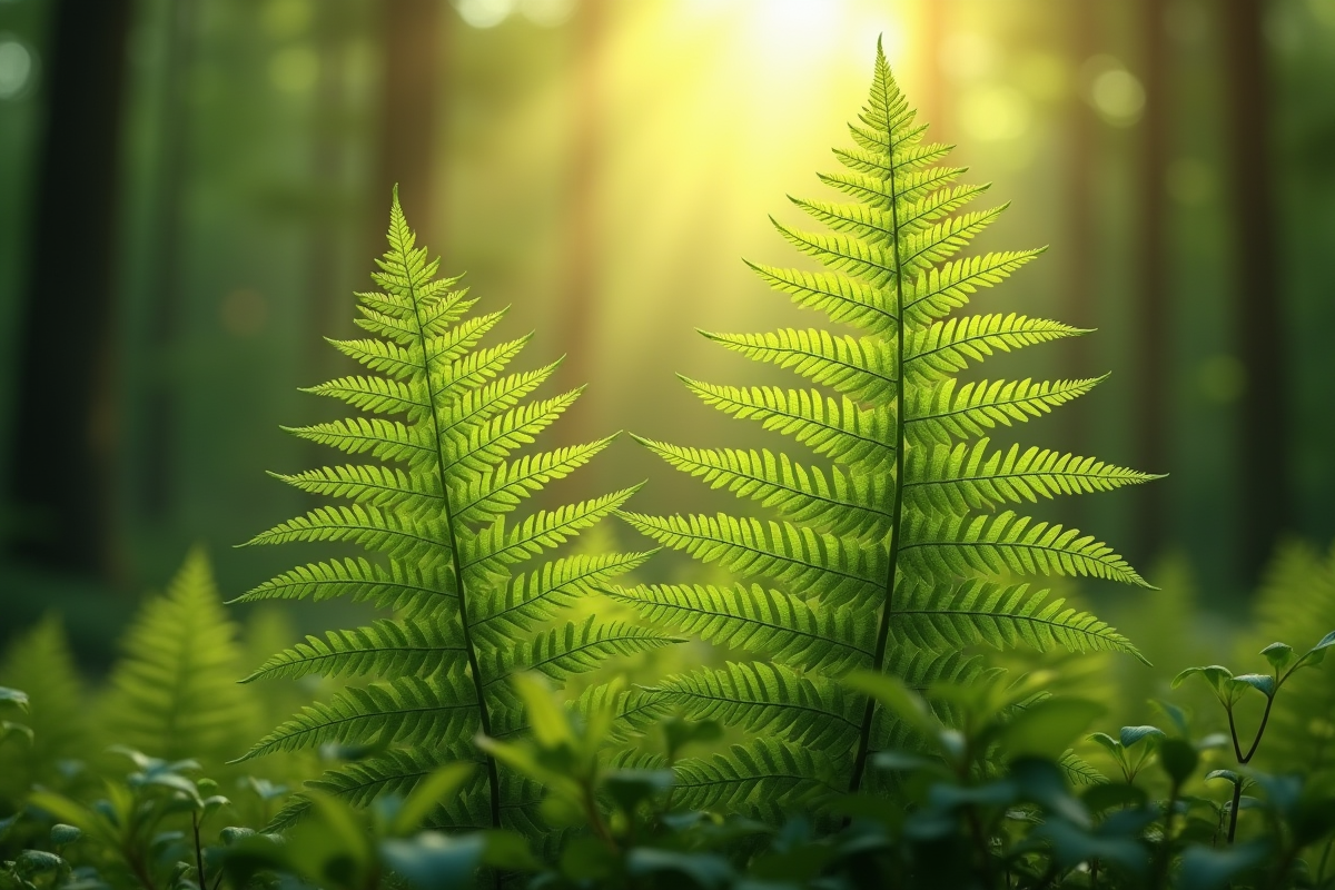 Deux fougères dans une forêt verte avec spores en suspension