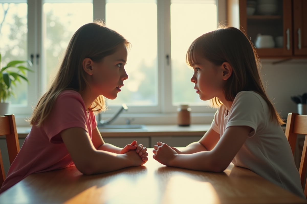 Deux frères et sœurs adultes assis à une table de cuisine tension visible