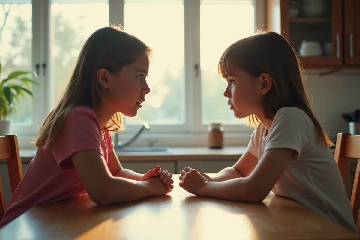 Deux frères et sœurs adultes assis à une table de cuisine tension visible