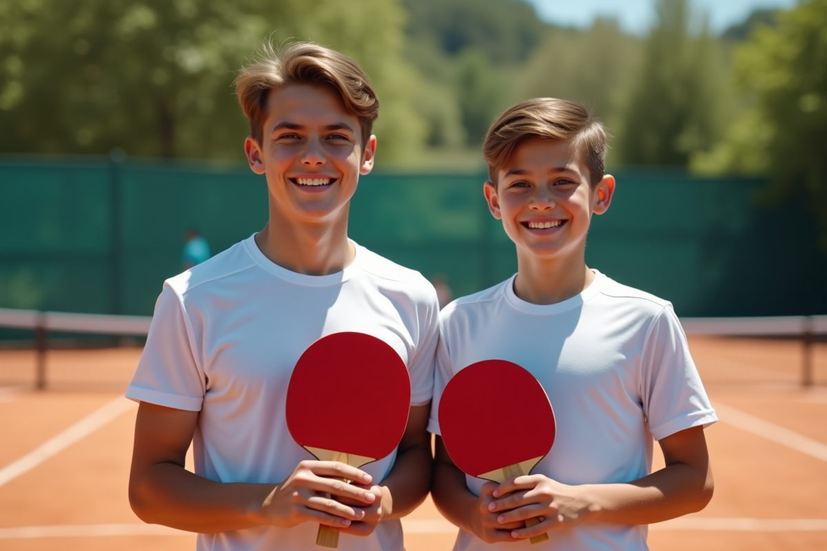Deux frères en tenue de sport avec raquettes devant un court de tennis