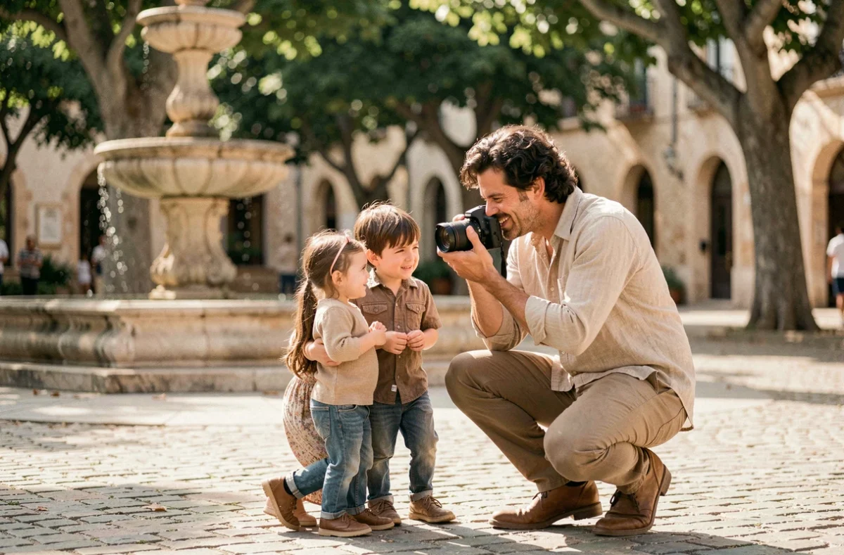Photographe de famille professionnel en pleine séance photo sur une place pavée ensoleillée d'Aix-en-Provence