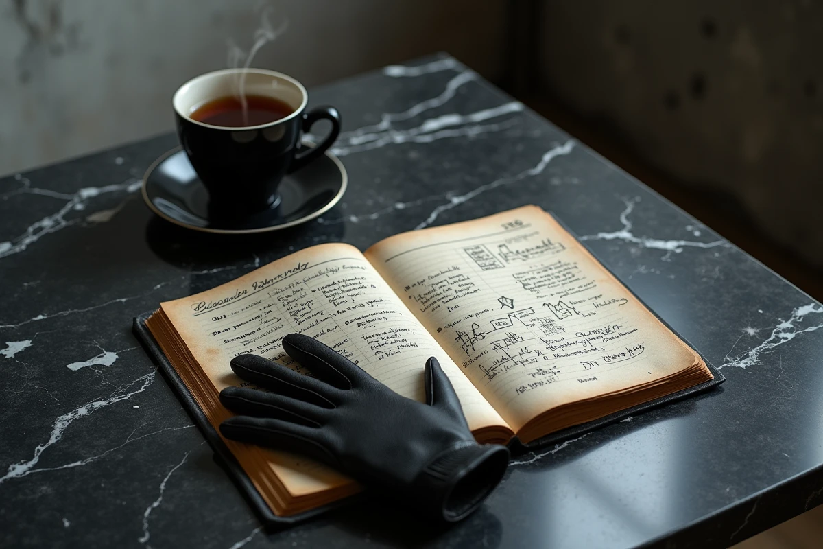 Gants en cuir noir et journal annoté sur marbre sombre symbolisant la méthodologie froide et calculée des assassins Zoldyk