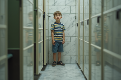 Jeune gar&ccedil;on dans un vestiaire d &eacute;cole en situation embarrassante