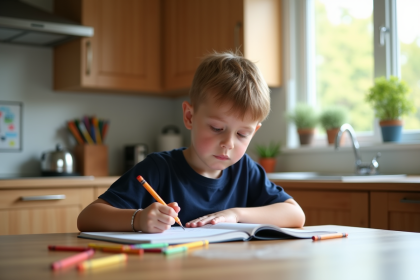 Jeune garçon de 8 ans regardant un cahier avec crayons dans une cuisine lumineuse