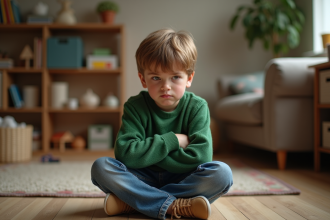 Garçon de 7 ans frustré assis dans son salon