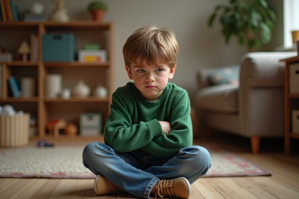 Garçon de 7 ans frustré assis dans son salon