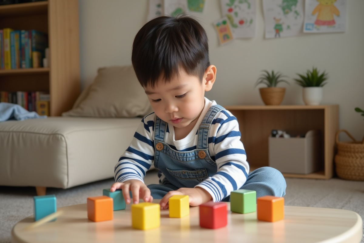 Garçon d'âge préscolaire alignant des blocs en bois colorés