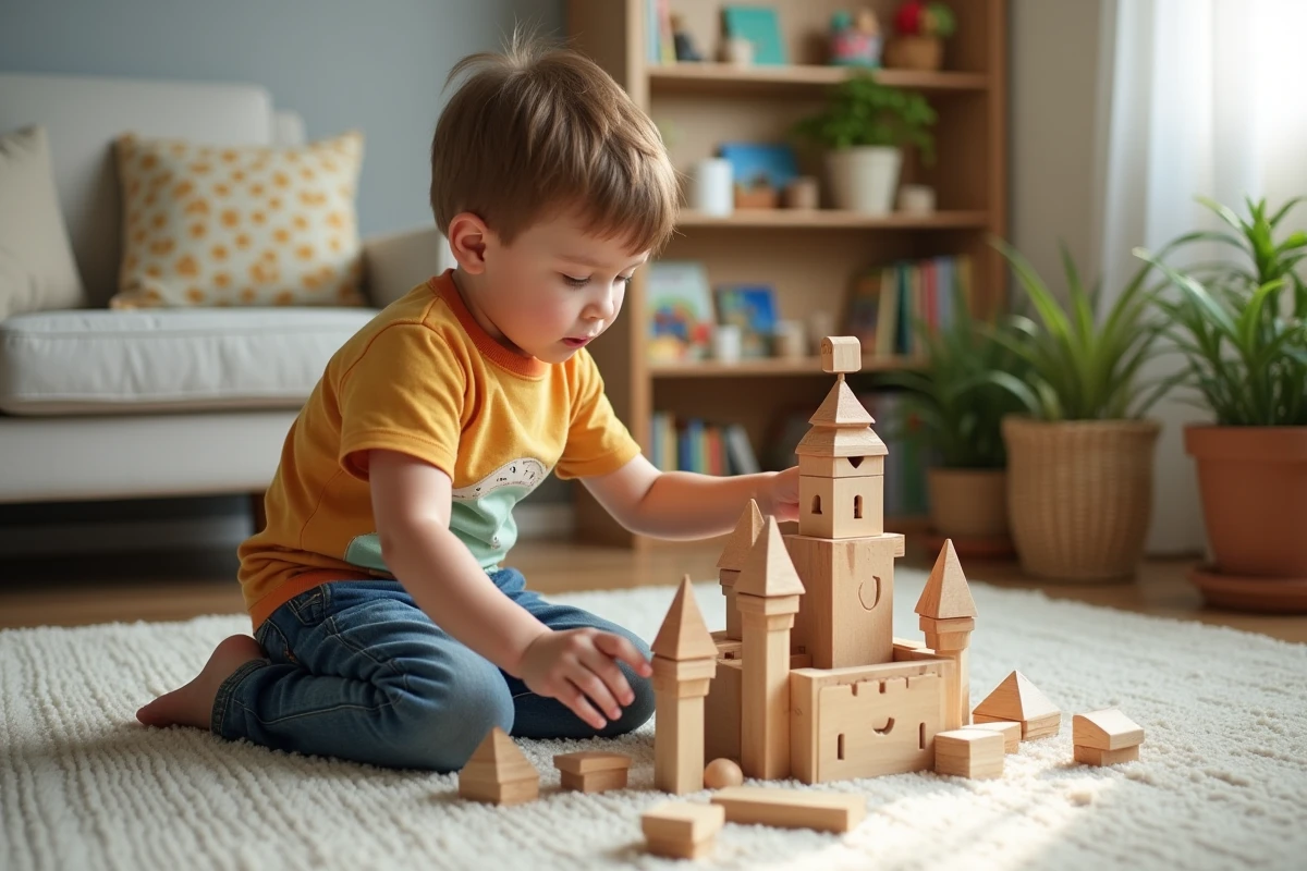 Garçon de trois ans construit un château en blocs en bois