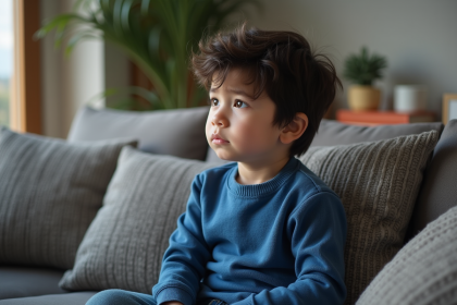 Garçon de 6 ans assis pensif dans un salon chaleureux