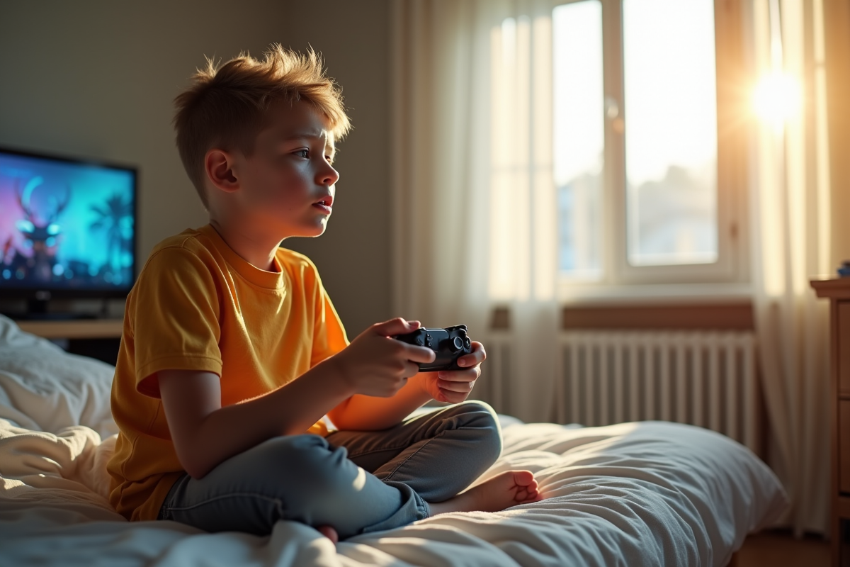 Jeune garçon jouant à un jeu vidéo dans une chambre lumineuse