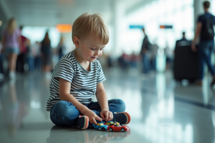 Garçon de 5 ans jouant avec des petites voitures à l'aéroport