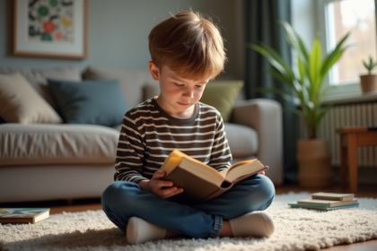 Jeune gar&ccedil;on lisant un livre dans un salon familial