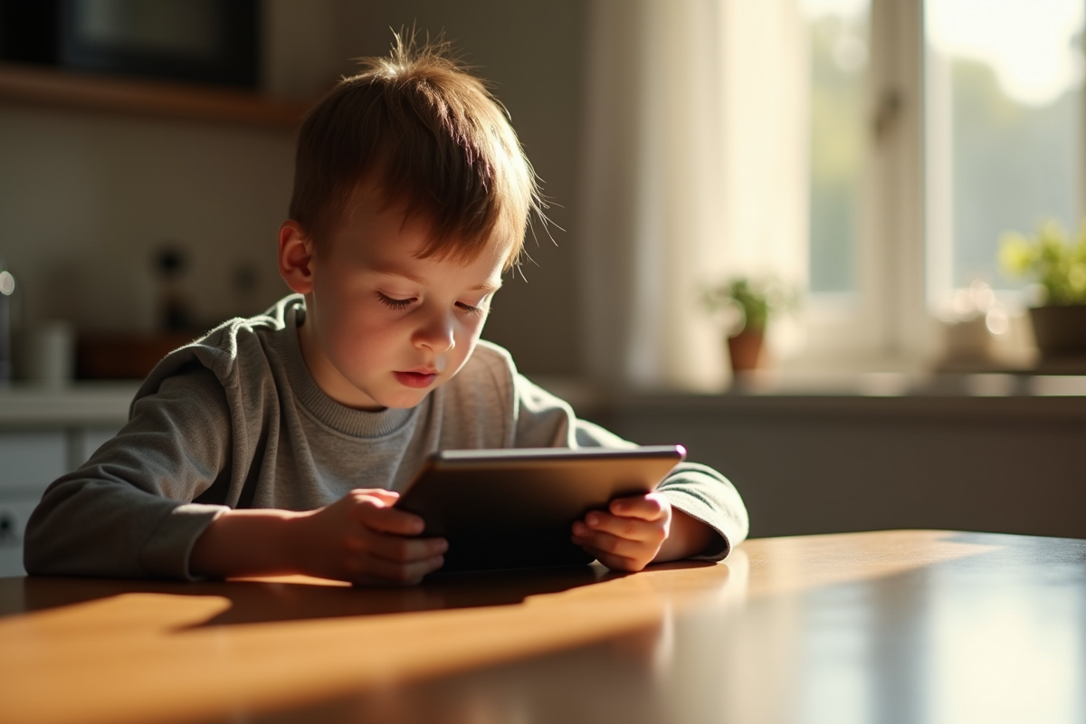 Garçon seul utilisant une tablette à la cuisine