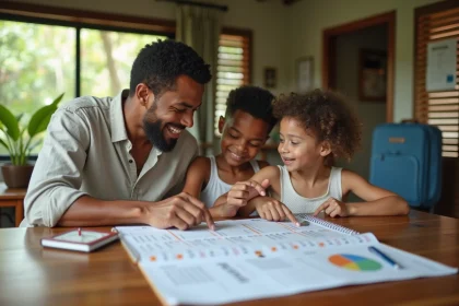 Père et ses deux enfants adolescents planifiant les vacances scolaires à La Réunion autour d'un calendrier posé sur la table de cuisine