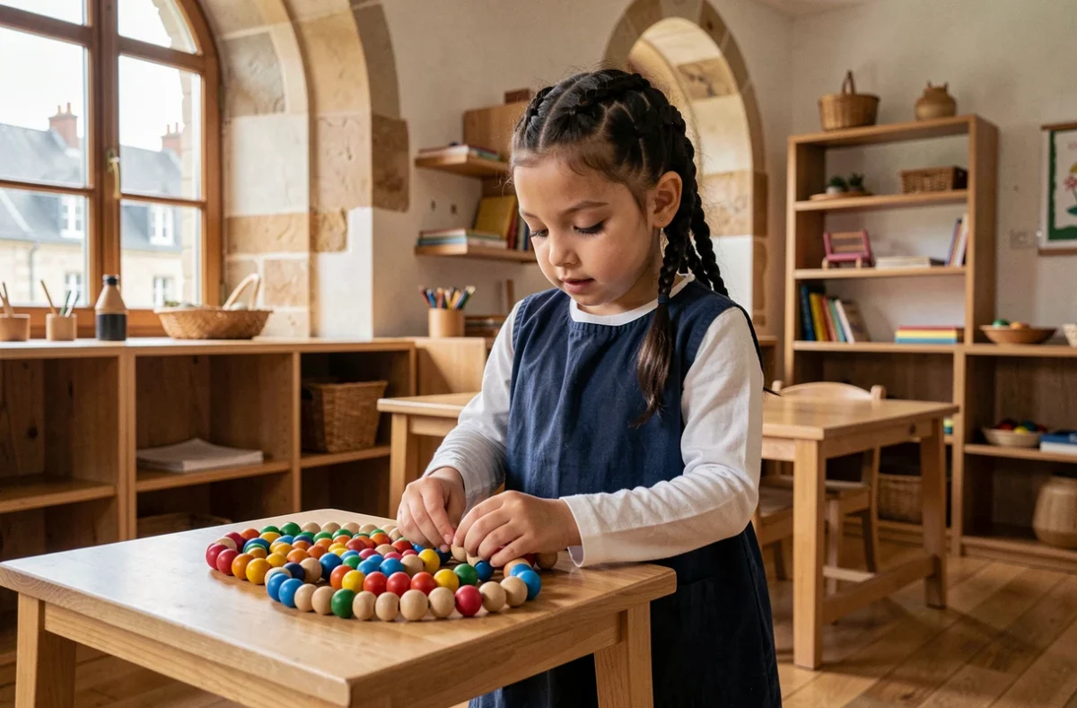 Jeune élève manipulant des perles en bois colorées dans une salle de classe Montessori à Rouen, Le Globe Coloré