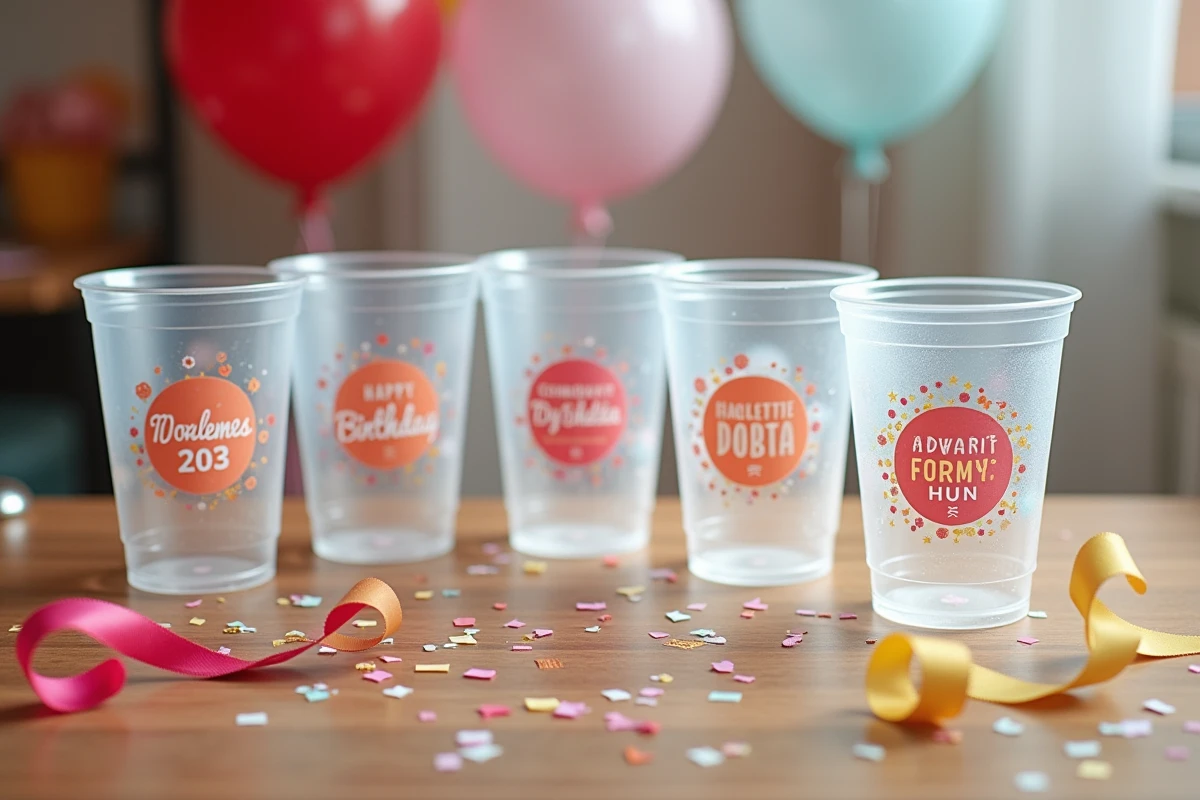 Gobelets personnalisés pour anniversaire en petite quantité disposés sur une table en bois avec confettis et rubans